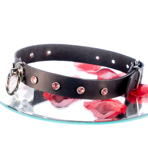 SiaLinda: Halsband Nr. 13 pink 8 Straß Kristalle und großem O-Ring 20mm, echt Leder schwarz - SiaLinda.com